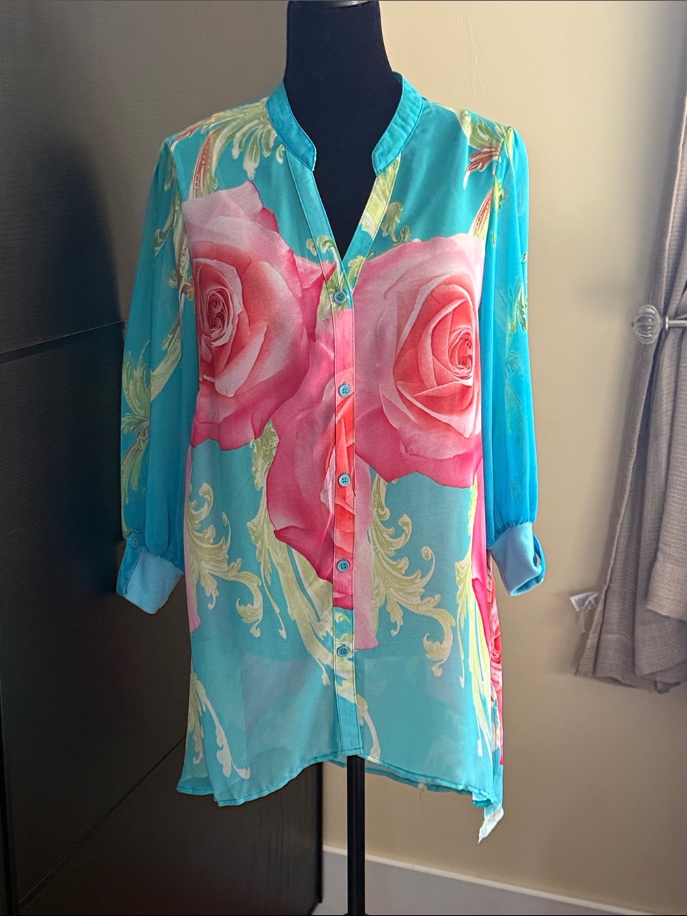 Orange Fashion Village Vibrant Floral Chiffon Button-Down Tunic Top - Size S